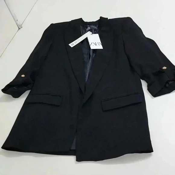 ZARA Open Blazer Women’s Size XS Rolled-Up Sleeves Black - Picture 2 of 10